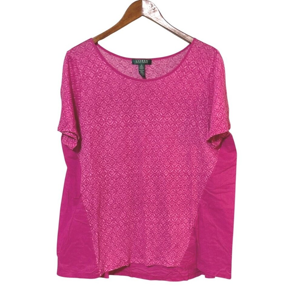 Lauren Ralph Lauren Womens Pink Linen Blend Top Size 2X Short Sleeve Scoop Neck‎